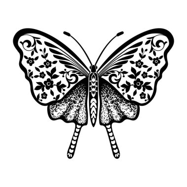 Vecor Kelebeği. Soyut böcek silueti siyah ve beyaz çizimi