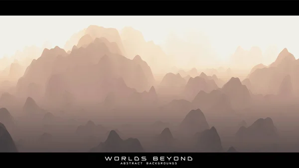 Abstract beige landschap met mistige mist tot horizon over berghellingen. Het terrein is geërodeerd. Werelden daarbuiten. — Stockvector