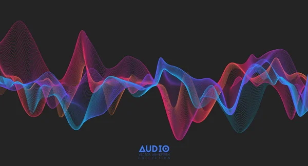 Onda de sonido de audio 3d. Oscilación colorida del pulso musical. Patrón de impulso brillante — Vector de stock