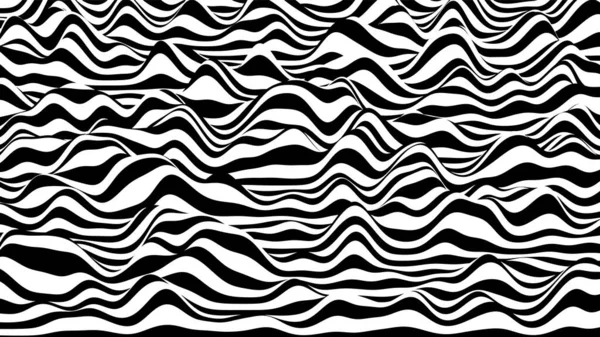 Trendig 3D zebra svart och vita ränder förvrängd bakgrund. Procedurmässig krusning bakgrund med optisk illusion effekt — Stock vektor