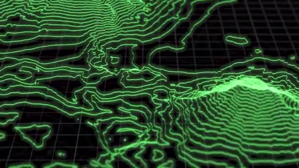 Letí nad 3D zářící topografickou mapou. Technologická geographica big data futuristický koncept. — Stock video