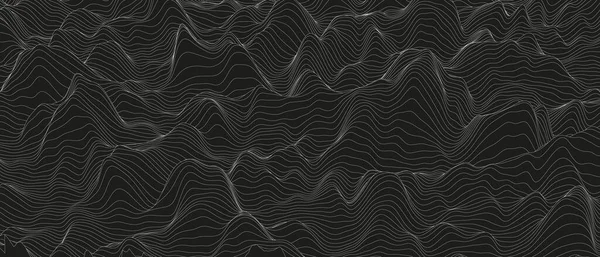 Fondo abstracto con formas de línea distorsionadas sobre un fondo negro. Ondas monocromáticas. — Archivo Imágenes Vectoriales