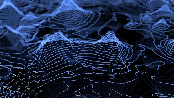 Latać nad 3D świecące topograficzne mapy. Technologiczna geografia big data futurystyczna koncepcja 3d renderowania ilustracja. — Zdjęcie stockowe