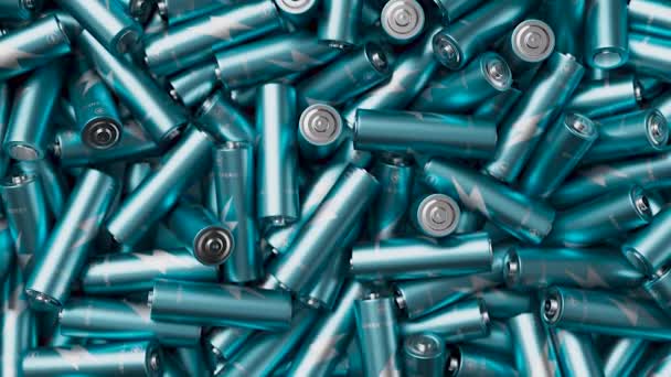 Rastreamento tiro sobre grande pacote de baterias azuis com foco suave. Conceito de conservação do ambiente. Renderização 3d — Vídeo de Stock