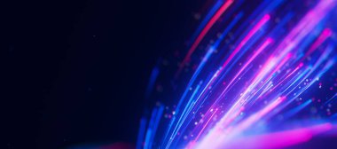 Büyük veri ışık hızı izlerinin kapanışı. Kuantum hesaplamasının soyut dijital veri akışı. Qubit izlerinin siber uzayı. Modern teknoloji bilgi iletimi