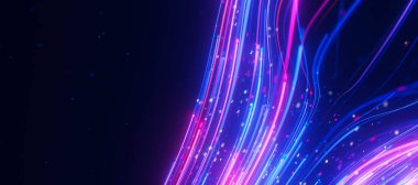 Büyük veri ışık hızının yaklaşması engellerden kaçınarak yukarı doğru akıyor. Kuantum hesaplamasının soyut dijital veri akışı. Qubit iz dalgalarının siber uzayı. Modern teknoloji bilgi iletimi