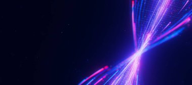 Büyük veri ışık hızının bükülmüş akışına yakın çekim. Kuantum hesaplamasının soyut dijital veri akışı. Qubit iz dalgalarının siber uzayı. Modern teknoloji bilgi iletimi