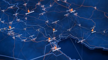 Ahvaz büyük veri görselleştirmesi haritası. İran 'ın gelecekteki haritası. Modern mavi ve turuncu renklerde görsel harita veri karmaşıklığı.