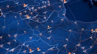 Tabriz haritası büyük veri görselleştirmesi. İran 'ın gelecekteki haritası. Modern mavi ve turuncu renklerde görsel harita veri karmaşıklığı.