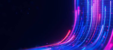 Bigdata light speed data flow upward. Abstract digital data stream of quantum computing. Cyberspace of qubit trails. Modern tech information transmission