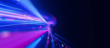 Sonsuzluğa doğru büyük veri ışık hızı izi akışının yakınlaştırılması. Kuantum hesaplamasının soyut dijital veri akışı. Qubit izlerinin siber uzayı. Modern teknoloji bilgi iletimi