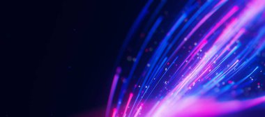 Büyük veri ışık hızı izlerinin kapanışı. Kuantum hesaplamasının soyut dijital veri akışı. Qubit izlerinin siber uzayı. Modern teknoloji bilgi iletimi