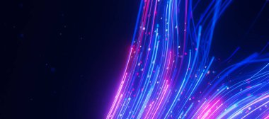 Büyük veri ışık hızının yaklaşması engellerden kaçınarak yukarı doğru akıyor. Kuantum hesaplamasının soyut dijital veri akışı. Qubit iz dalgalarının siber uzayı. Modern teknoloji bilgi iletimi