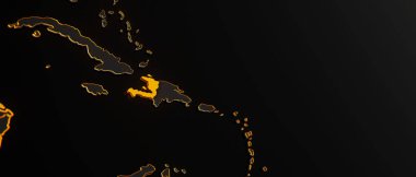 Altın Haiti 3d haritası, altın sınırları ve sığ dof ile çevrili diğer siyah ülkelerle çevrilidir. Sınırlı siyasi harita.