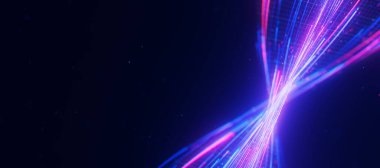 Büyük veri ışık hızının bükülmüş akışına yakın çekim. Kuantum hesaplamasının soyut dijital veri akışı. Qubit iz dalgalarının siber uzayı. Modern teknoloji bilgi iletimi