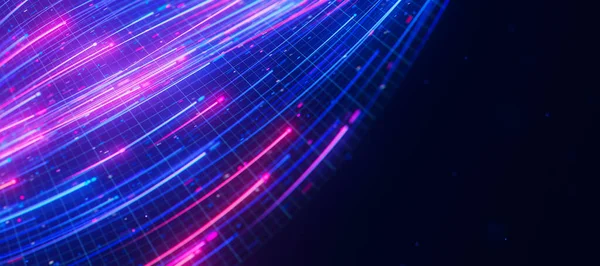 Büyük veri ışık hızı akışının kapanışı. Kuantum hesaplamasının soyut dijital veri akışı. Qubit iz dalgalarının siber uzayı. Modern teknoloji bilgi iletimi