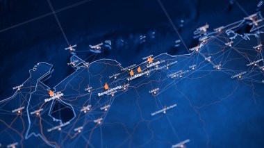 Valencia haritası büyük veri görselleştirme. Venezuela 'daki şehrin gelecekteki haritası. Modern mavi ve turuncu renklerde görsel harita veri karmaşıklığı.