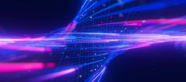 Büyük veri ışık hızının, sığ DOF ile bükülmüş akışına yakın çekim. Kuantum hesaplamasının soyut dijital veri akışı. Qubit izlerinin siber uzayı. Modern teknoloji bilgi iletimi