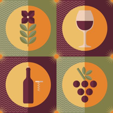 Şarap, 70 'lerin geometrik tarzında kusursuz vektör deseni. Şarap tatma, festival, markalaşma vs. için yinelenen vektör arkaplanı