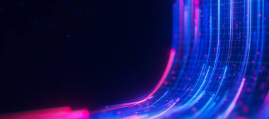 Bigdata light speed data flow upward. Abstract digital data stream of quantum computing. Cyberspace of qubit trails. Modern tech information transmission