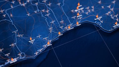 Lome harita büyük veri görselleştirme. Togo şehrinin gelecekteki haritası. Modern mavi ve turuncu renklerde görsel harita veri karmaşıklığı.