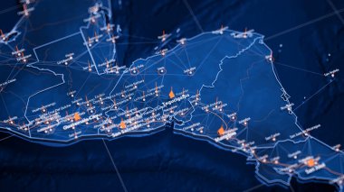 Tegucigalpa haritası büyük veri görselleştirmesi. Honduras 'taki şehrin gelecekteki haritası. Modern mavi ve turuncu renklerde görsel harita veri karmaşıklığı.
