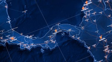 Panama Şehri haritası büyük veri görselleştirmesi. Panama şehrinin gelecekteki haritası. Modern mavi ve turuncu renklerde görsel harita veri karmaşıklığı.