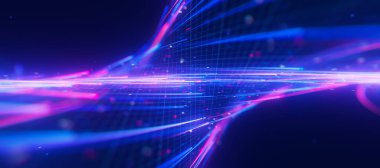 Büyük veri ışık hızının, sığ DOF ile bükülmüş akışına yakın çekim. Kuantum hesaplamasının soyut dijital veri akışı. Qubit izlerinin siber uzayı. Modern teknoloji bilgi iletimi