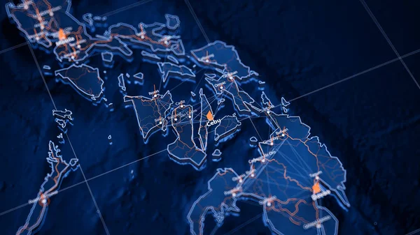 Cebu haritası büyük veri görselleştirmesi. Filipinler 'deki şehrin gelecekteki haritası. Modern mavi ve turuncu renklerde görsel harita veri karmaşıklığı.