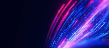 Büyük veri ışık hızı izlerinin kapanışı. Kuantum hesaplamasının soyut dijital veri akışı. Qubit izlerinin siber uzayı. Modern teknoloji bilgi iletimi