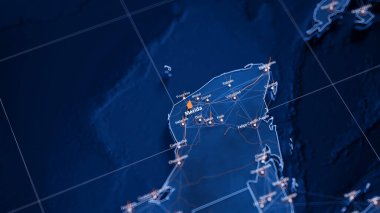 Merida haritası büyük veri görselleştirme. Meksika 'daki şehrin gelecekteki haritası. Modern mavi ve turuncu renklerde görsel harita veri karmaşıklığı.