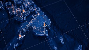 Davao büyük veri görselleştirmesi haritası. Filipinler 'deki şehrin gelecekteki haritası. Modern mavi ve turuncu renklerde görsel harita veri karmaşıklığı.