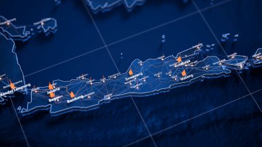 Semarang haritası büyük veri görselleştirmesi. Endonezya 'daki şehrin gelecekteki haritası. Modern mavi ve turuncu renklerde görsel harita veri karmaşıklığı.
