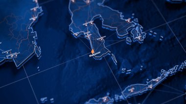 Makassar haritası büyük veri görselleştirmesi. Endonezya 'daki şehrin gelecekteki haritası. Modern mavi ve turuncu renklerde görsel harita veri karmaşıklığı.