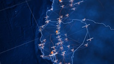 Quito büyük veri görselleştirmesi. Ekvador 'daki şehrin gelecekteki haritası. Modern mavi ve turuncu renklerde görsel harita veri karmaşıklığı.