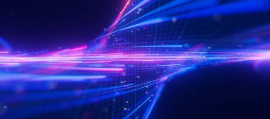 Büyük veri ışık hızının, sığ DOF ile bükülmüş akışına yakın çekim. Kuantum hesaplamasının soyut dijital veri akışı. Qubit izlerinin siber uzayı. Modern teknoloji bilgi iletimi