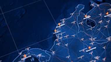 Kartagena haritası büyük veri görselleştirmesi. Kolombiya 'daki şehrin gelecekteki haritası. Modern mavi ve turuncu renklerde görsel harita veri karmaşıklığı.