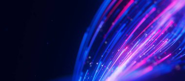 Büyük veri ışık hızı izlerinin kapanışı. Kuantum hesaplamasının soyut dijital veri akışı. Qubit izlerinin siber uzayı. Modern teknoloji bilgi iletimi