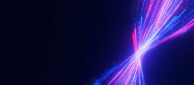 Büyük veri ışık hızının bükülmüş akışına yakın çekim. Kuantum hesaplamasının soyut dijital veri akışı. Qubit iz dalgalarının siber uzayı. Modern teknoloji bilgi iletimi