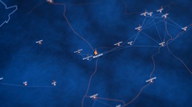 Manaus büyük veri görselleştirmesi haritası. Brezilya 'daki şehrin gelecekteki haritası. Modern mavi ve turuncu renklerde görsel harita veri karmaşıklığı.