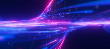 Büyük veri ışık hızının, sığ DOF ile bükülmüş akışına yakın çekim. Kuantum hesaplamasının soyut dijital veri akışı. Qubit izlerinin siber uzayı. Modern teknoloji bilgi iletimi