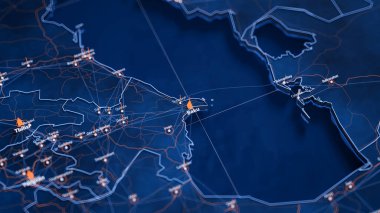 Bakü haritası büyük veri görselleştirme. Azerbaycan 'daki şehrin gelecekteki haritası. Modern mavi ve turuncu renklerde görsel harita veri karmaşıklığı.