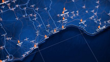 Cotonou haritası büyük veri görselleştirmesi. Benin şehrinin gelecekteki haritası. Modern mavi ve turuncu renklerde görsel harita veri karmaşıklığı.