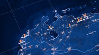 Maracaibo haritası büyük veri görselleştirmesi. Venezuela 'daki şehrin gelecekteki haritası. Modern mavi ve turuncu renklerde görsel harita veri karmaşıklığı.