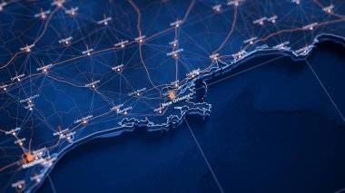 New Orleans haritası büyük veri görselleştirme. ABD 'deki şehrin gelecekteki haritası. Modern mavi ve turuncu renklerde görsel harita veri karmaşıklığı.