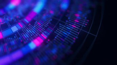 Big Data kompleksi yuvarlak grafik animasyonuna yakın çekim. Kuantum hesaplama evreni. Yapay zeka teknolojisinin siber uzayı. Fütürist grafik. Dijital bilgi sunumu