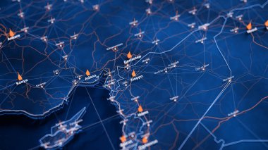 Halep haritası büyük veri görselleştirmesi. Suriye 'deki şehrin gelecekteki haritası. Modern mavi ve turuncu renklerde görsel harita veri karmaşıklığı.