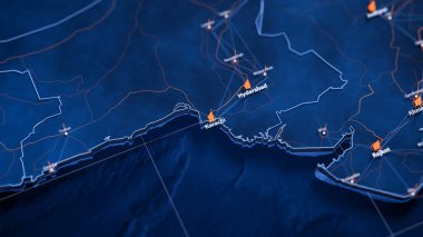 Karachi büyük veri görselleştirme haritası. Pakistan 'ın gelecekteki haritası. Modern mavi ve turuncu renklerde görsel harita veri karmaşıklığı.