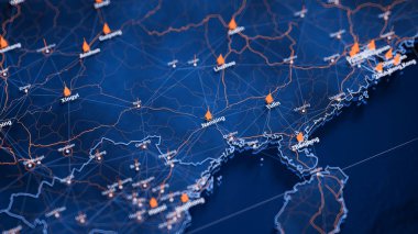 Nanning haritası büyük veri görselleştirme. Çin 'deki şehrin gelecekteki haritası. Modern mavi ve turuncu renklerde görsel harita veri karmaşıklığı.