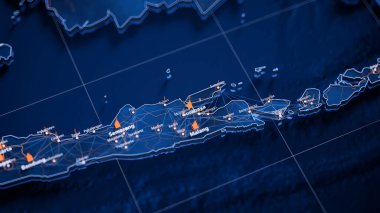 Surabaya haritası büyük veri görselleştirmesi. Endonezya 'daki şehrin gelecekteki haritası. Modern mavi ve turuncu renklerde görsel harita veri karmaşıklığı.
